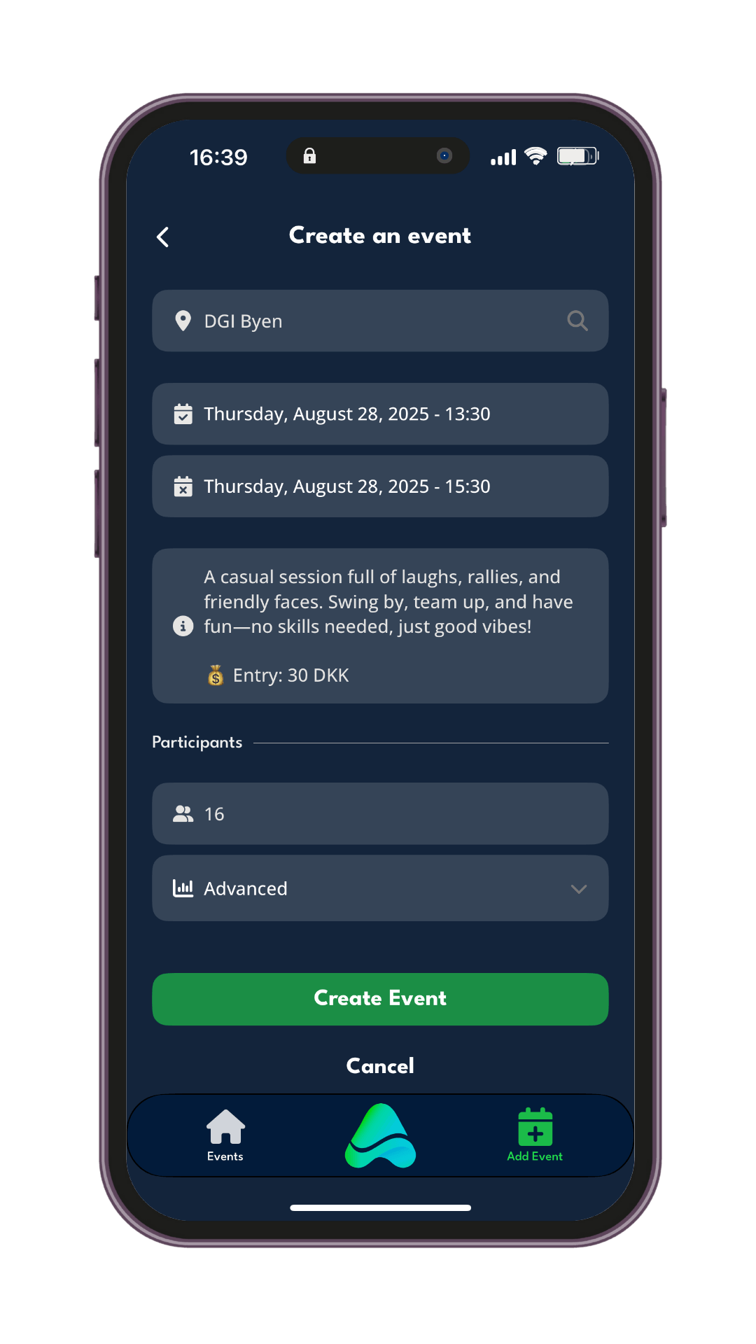 athme app showing event creation and joining interface