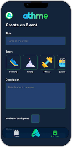 athme app showing event creation and joining interface