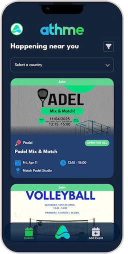 athme app showing sports events discovery interface