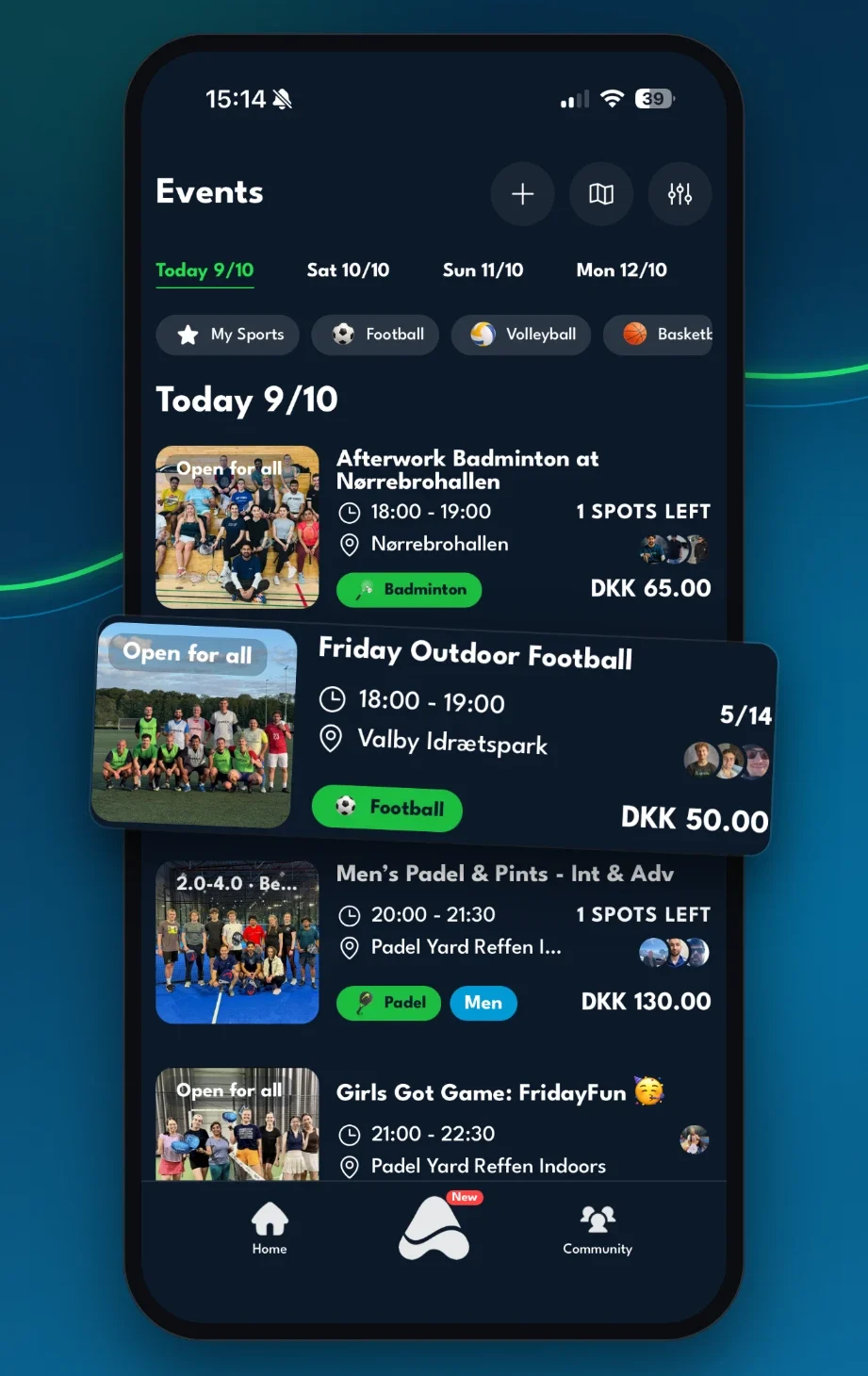 The athme events list with badminton, football and padel games today