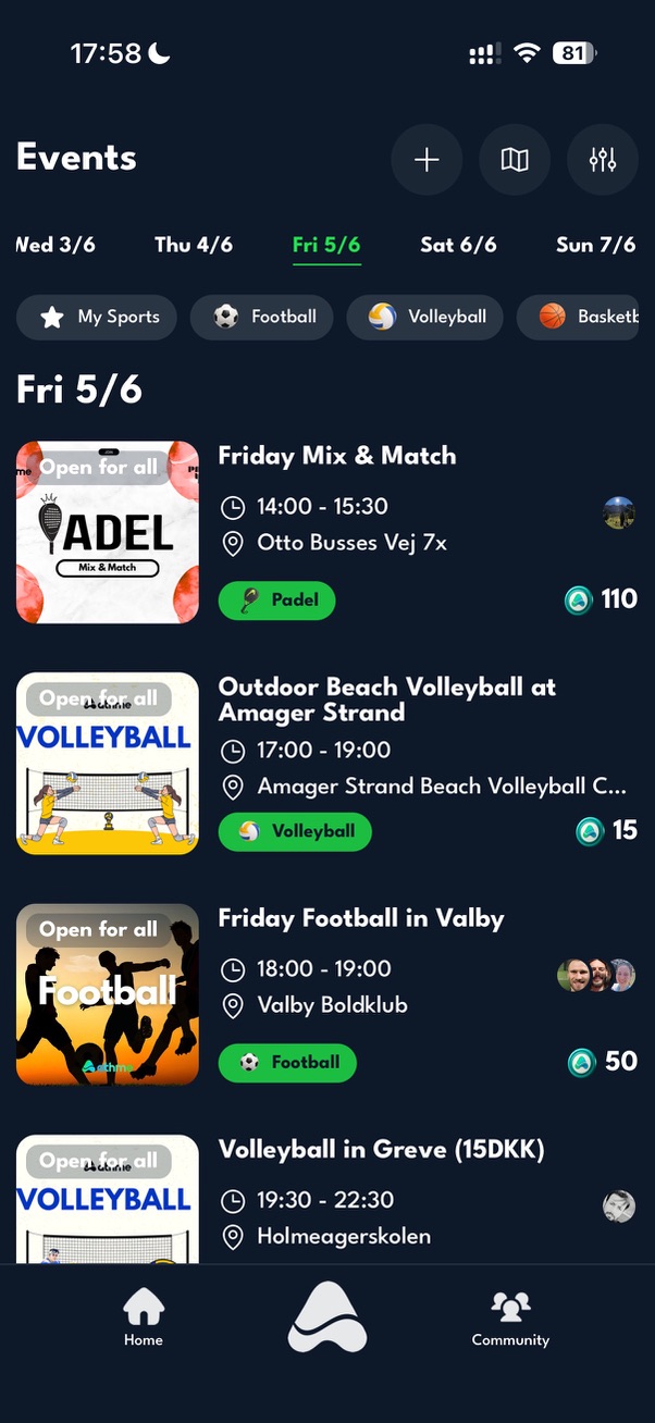 athme events list by day and sport